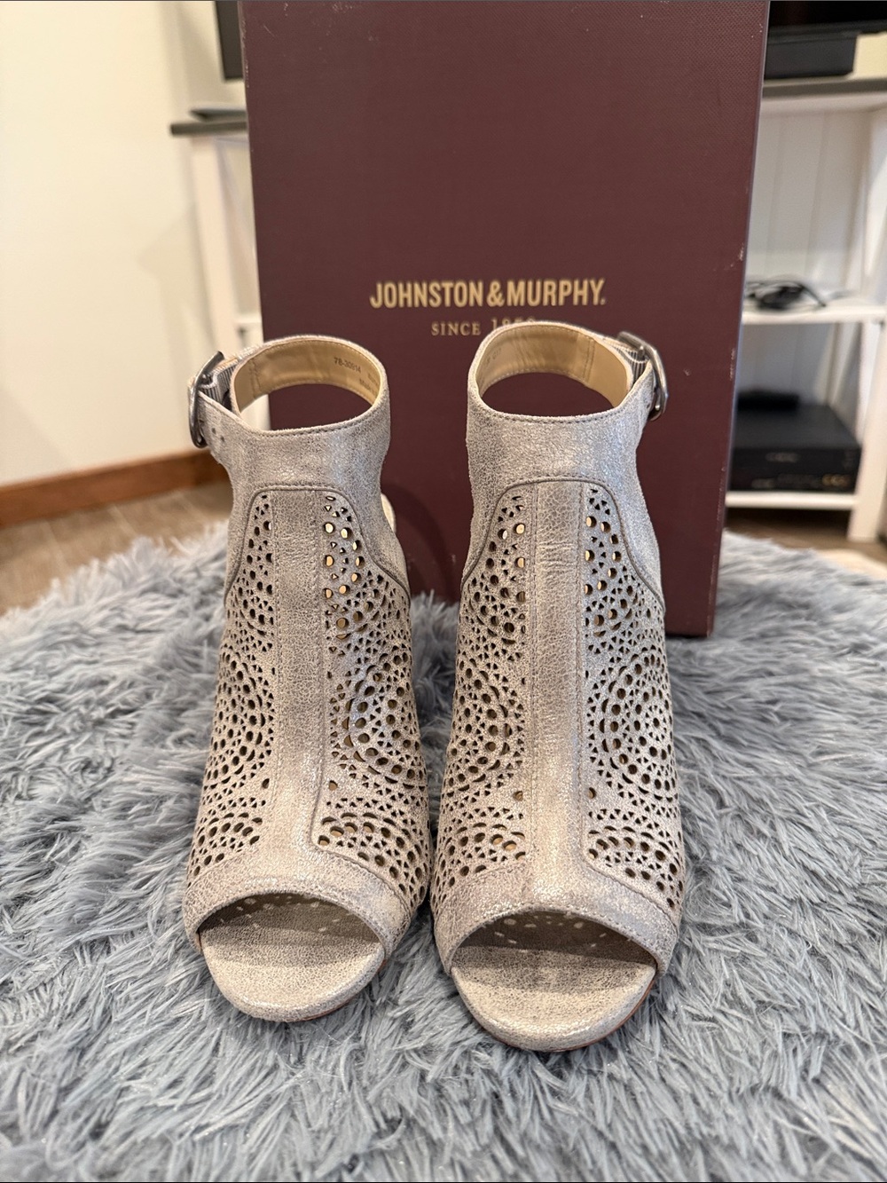 Johnston & Murphy Pewter/ Silver metallic Cutout Peep-Toe Ankle Booties